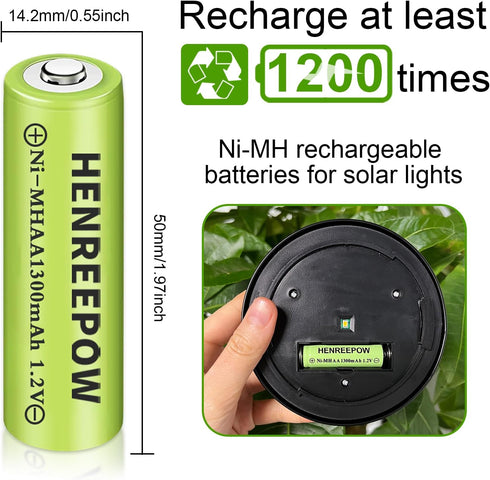 Henreepow Ni-MH AA Rechargeable Batteries, Double A High Capacity 1.2V 1300mAh Pre-Charged for Garden Landscaping Outdoor Solar Lights, String Lig...