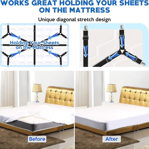 Fitted Bed Sheet Clips Bed Sheet Straps Keep Sheets in Place, Sturdy Thickened Bands Bed Sheet Suspenders, Diagonal Stretch Bed Sheet Holder Strap...