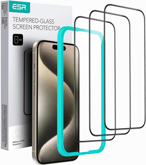 ESR 3 Pack for iPhone 15 Pro Screen Protector, 3 Black Edge Tempered-Glass Film with Easy Installation Tool, 2.5D Curved Edges, Full-Coverage Mili...