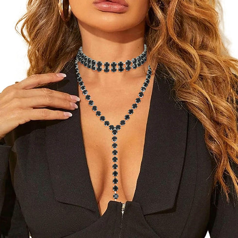 ELABEST Long Rhinestone Necklace Layered Y Necklaces Crystal Choker Necklace Dainty Wedding Bridal Bridesmaid Jewelry for Women and Girls...