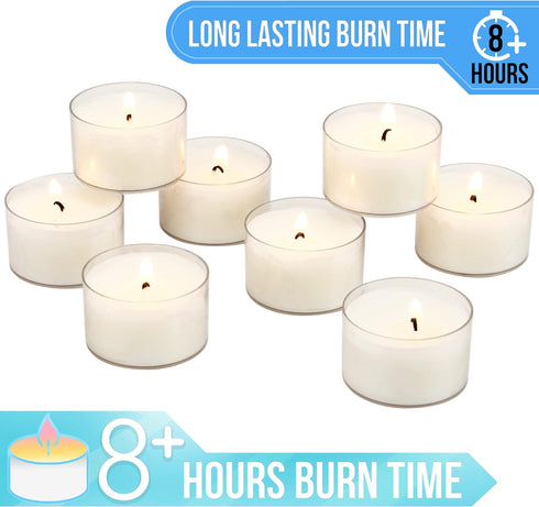 Stonebriar 48 Count White Unscented Smokeless Long Burning Clear Cup Tea Light Candles with 8 Hour Burn Time...