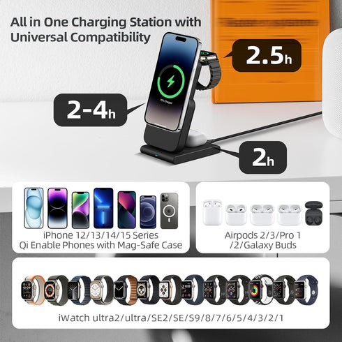 DDUAN 3 in 1 Wireless Charging Station, Foldable Fast Charger Stand with 5000mAh Mag-Safe Portable Battery Bank for iPhone 15/14/13/12, for All Ap...