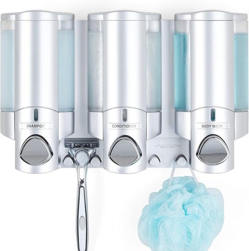 Better Living Aviva Shower Dispenser 3 Chamber, Wall Mount Shower Soap Dispenser for Bathroom Hotel Body Wash, Built-in Hooks, No Drill, Waterproo...