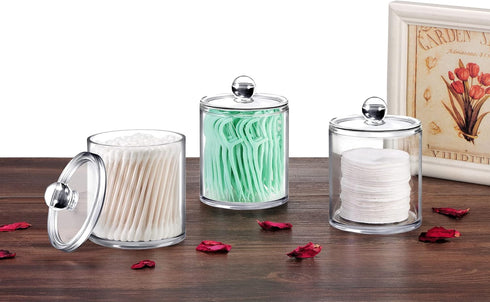 SheeChung 6 Pack Qtip Dispenser Apothecary Jars Bathroom with Labels - Qtip Holder Storage Canister Clear Plastic Acrylic Jar for Cotton Ball, Swa...