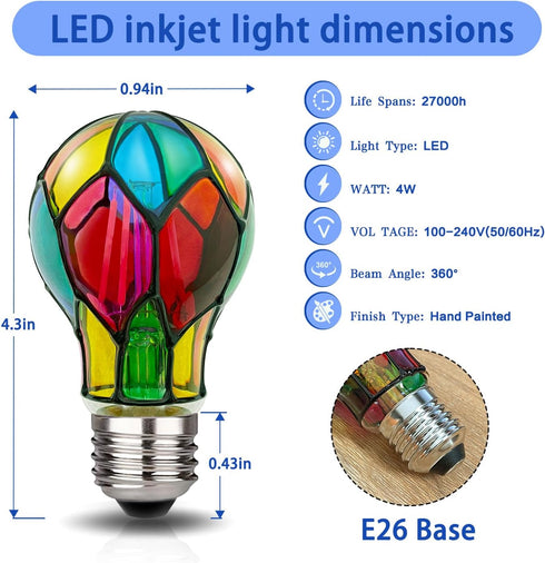 LED Stained Glass Light Bulb A19 4W E26 Base Painted Light Bulb Night Light Mosaic Light Bulb Party Light Bulb Stainglass Light Bulb...