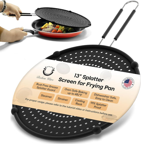 Beckon Ware | USA Brand | 13-Inch Black, Fit Pans (12" to 13") Silicone Grease Splatter Guard for Frying Pan and Stove...