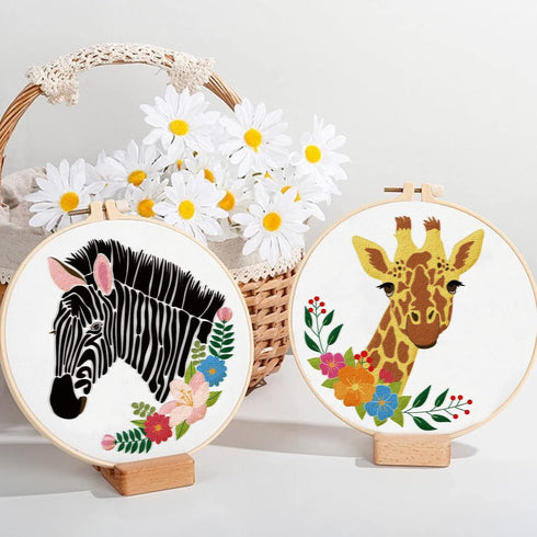 ORIGACH 4 Pcs Wild Animal Embroidery Starters Kit for Beginners, Zebra Lion Elephant Giraffe Embroidery Stitch Practice kit Include Embroidery Clo...