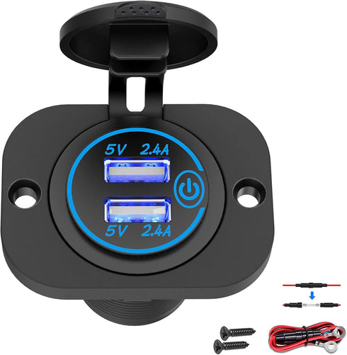 Dual USB Socket 12V Marine Outlet with Switch Golf Cart USB Port 12 Volt DC Car Charger Mount Waterproof Cigarette Lighter Power Adapter DIY Kit F...