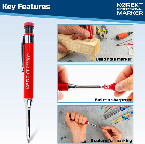 KOREKT Professional Marker, Heavy Duty Mechanical Carpenter Pencil Set with 12 Refills and Lead Sharpener, Deep Hole Marking in Construction, Wood...
