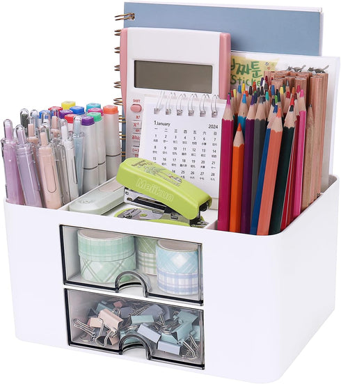 Plastic Pen Organizer, Multifunctional Desk Organizer with 2 Drawers, 4 Compartments & a Top Tray, Pencil Holder Desktop Organizers and Accessorie...