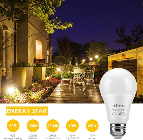 Dusk to Dawn LED Light Bulb, Sensor Light Bulb 5W E26 Automatic On/Off Light, Porch Garage Courtyard Balcony Lighting Bulb 2700K Warm White 2Packs...