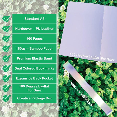 Dotted Notebook Journal 180GSM Bamboo Thick White Paper 160 Pages 5 * 5MM Dot Grid, Lay Flat Binding,Colored Silver Edges, Bookmarks and Expandabl...