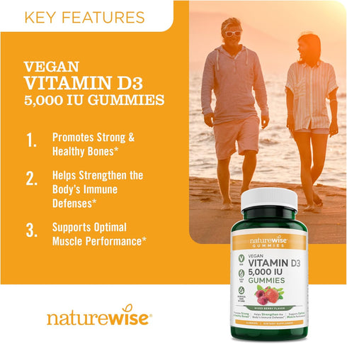 NatureWise Vitamin D3 5000 IU Gummies - Mixed Berry Flavor - Vitamin D Gummies for Adults, Immune Support Supplement, Muscle & Bone Strength - Veg...