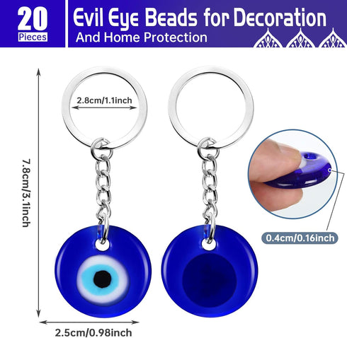 Chuangdi 20 Pieces Evil Eye Keychain Bulkturkish Blue Charms Pendants Crafting Glass Keychain with Keyring Hanging Ornament Jewelry Accessories Am...