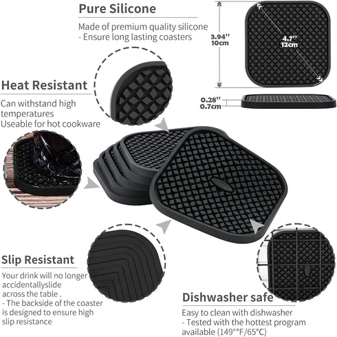 IYYI Silicone Coasters Set of 6, Drink Coasters with Holder, Non-Slip Cup Mat, Deep Tray Absorbent Coaster, Heat Resistant Countertop Protection (...