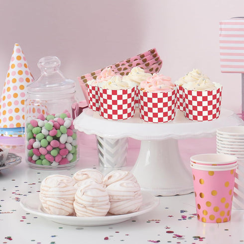 100Pcs Red Plaid Paper Baking Cups White Red Checkered Cupcake Wrappers Scalloped Edge Cupcake Muffin Cases for Party Supplies...
