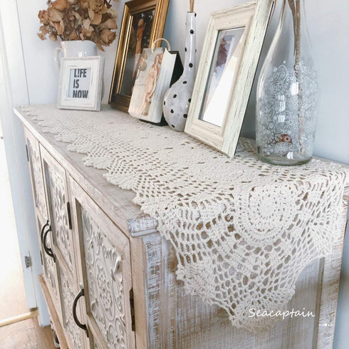 Hetao 12x35 100% Cotton Handmade Crochet lace Table Runners Oblong Tablecloth Doilies Doily,Beige...