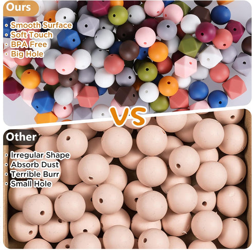 Xzyden Silicone Beads, 150pcs Silicone Beads Bulk Round Bead 15mm Hexagon Silicone Beads 14mm for Jewelry Making Large Beads with Lanyard & Key Ch...
