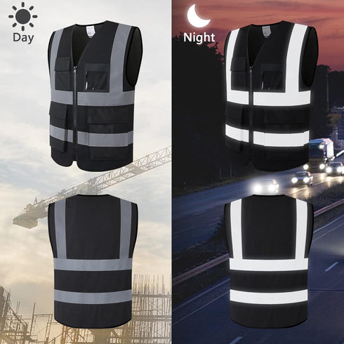 Reflective Safety Vest for Men Women with 8 Pockets and Zipper High Visibility Mesh Construction Work Vest Meets ANSI/ISEA Standards (KZ170-Black,...