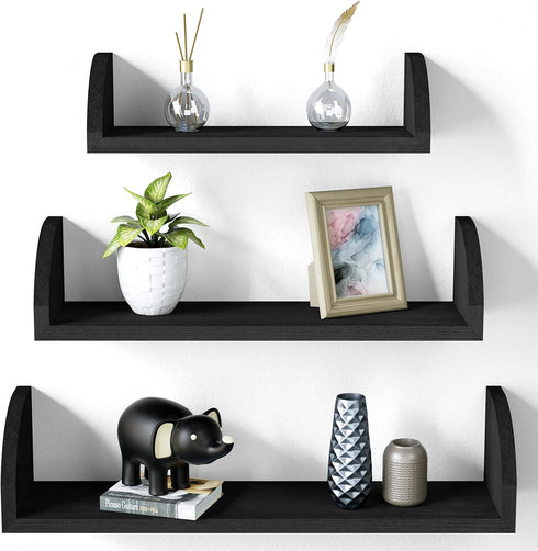 SRIWATANA Floating Shelves Wall Mounted, Solid Wood Shelves Wall Bookshelves Set of 3 for Bedroom, Living Room, Bathroom, Kitchen - Black...