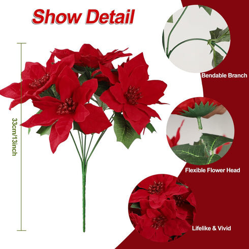 Homcomoda Christmas Red Artificial Flower Faux Poinsettia Bush Fake Flowers for Holiday Wedding Home Decoration 7 Heads 4 Bouquets...