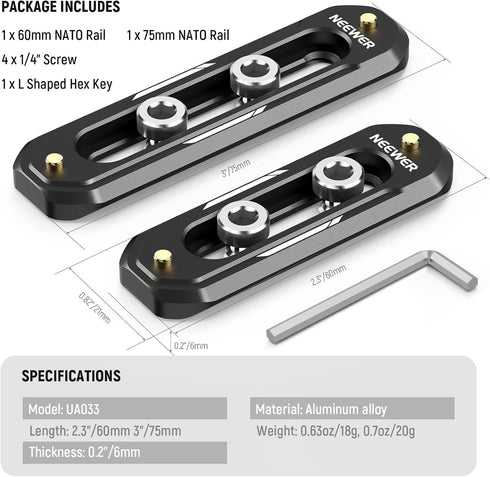 NEEWER 2 Pack Mini NATO Rail Set, 2.4"/60mm & 3"/75mm QR NATO Rail with Safety Pins, 1/4" Screws for NATO Clamp Top Handle Side Handle Camera Cage...