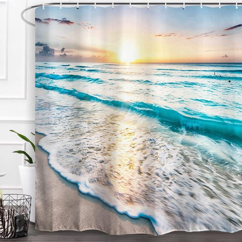 Baccessor Tropical Sea Beach Ocean Waves Shower Curtain with Hooks, Seaside Scene Island Hawaiian Sunrise Beach Theme Waterproof Fabric Shower Cur...