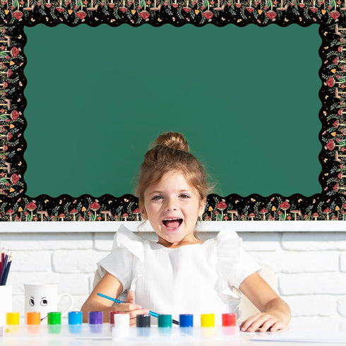 Whaline 32.8ft Mushroom Bulletin Board Borders Woodland Mushroom Thicket Butterfly Die-Cut Rolled Border Trim for Classroom Office Chalkboard Deco...