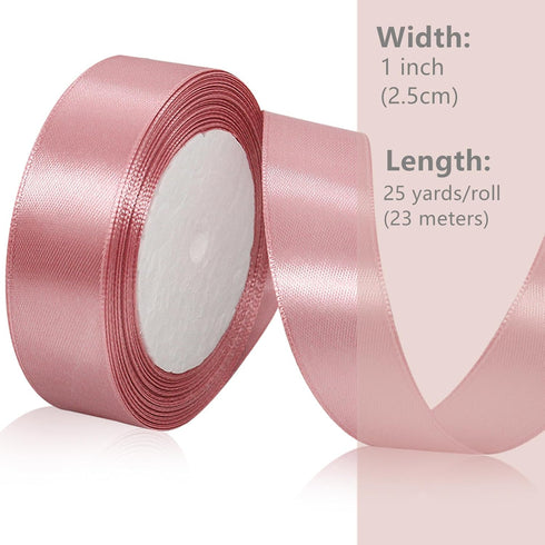Rose Pink Satin Ribbon 1 Inch x 25 Yards, Rose Gold Silk Ribbon for Flower Bouquet Accessories, Gift Wrapping, Crafts, Hair Bows, Baby Shower and ...