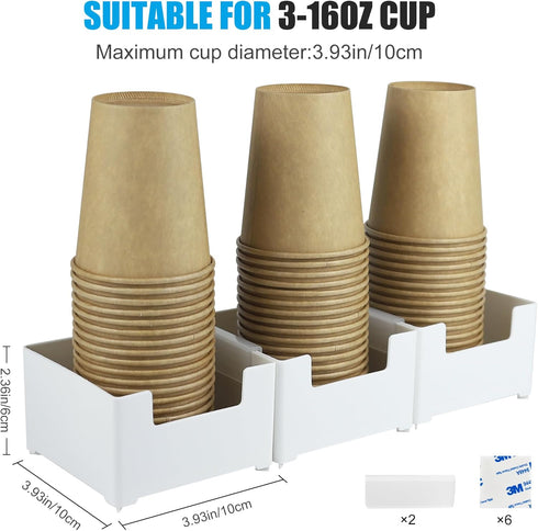 Paper Cup and Lid Holder, 3 Compartments Plastic Coffee Cup Storage Organizer, Wall Mount Disposable Cup Dispenser for Countertop, Breakroom, Bath...