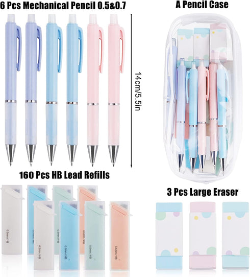 6 Pcs Cute Pastel Mechanical Pencil, Drawing Pencil 0.5 0.7 MM, 160 HB Lead Refills, Aesthetic Clear Pencil Pouch, 3 Pack Erasers, Colored Pencils...
