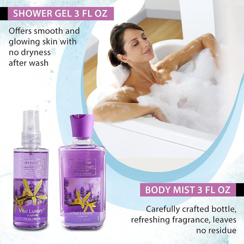 Bath & Body Travel Kit - Lavender Vanilla Blush Fragrance Mist, Body Lotion, Shower Gel, and Body Cream - Ideal 3 Fl Oz Skincare Gift Set for Home...