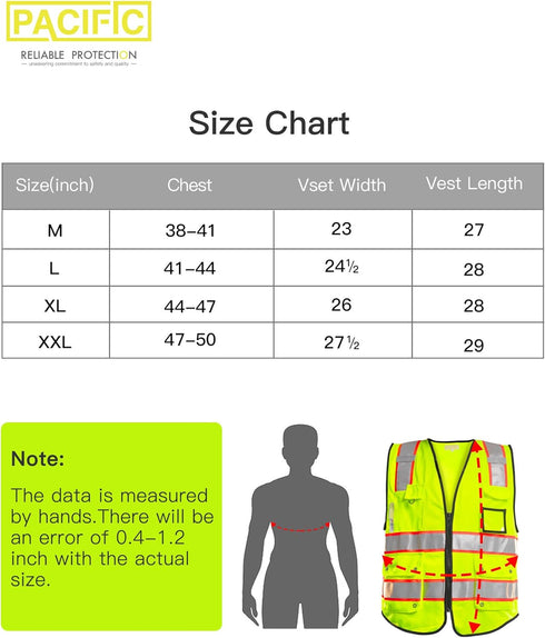 PACIFIC 10 Pockets Safety Vest for Men, 3M High Visibility Reflective Strips with Pockets and Zipper, ANSI Class 2, Yellow, Medium...
