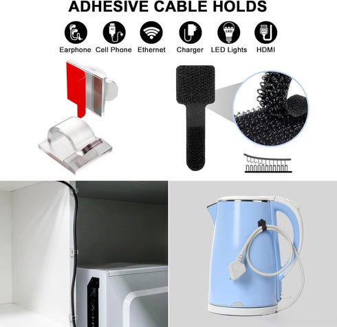 48Pcs Cord Organizer Kit, Reusable Elastic Silicone Cable Ties, Strong Adhesive Cable Clips for Cable Management, Multipurpose Wire Management for...