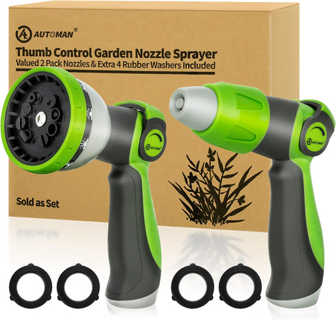 AUTOMAN Garden Hose Nozzle - 2 Pack, Thumb Control Sprayer, Slip-Resistant Water Nozzle, Extra 4 Washers, for Watering Plants Lawn & Garden, Clean...