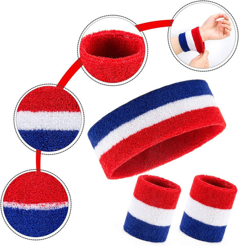 BEFORYOU 2 Sets Striped Sweatbands Set, 2 Pieces Sports Headband and 4 Pieces Wristbands, Colorful Striped American Flag Style for Men and Women...