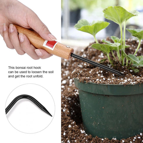 Bonsai Root Hook, 22cm Manganese Steel Single Claw Gardening Hook Root Pick Rake Bonsai Tool Handle Weeder with Comfortable Wooden Handle for Outd...