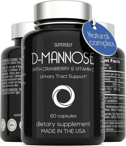 D-Mannose 1000mg Capsules - D Mannose with Cranberry Extract and Vitamin C - 60 Capsules 500mg High Strength - Urinary Tract Health for Women & Me...