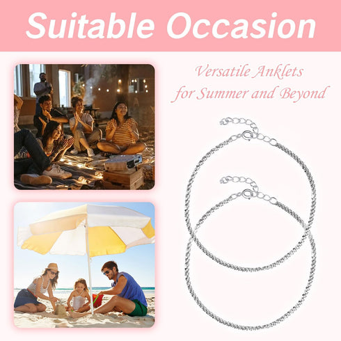 Foot Bracelets Beach Diamond Anklets for Women Bling Silver Layered Foot Bracelets 925 Sterling Silver Rhinestone Anklets Adjustable Waterproof Ch...