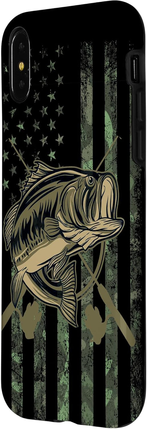 Camo American Flag Bass Fishing Gift Love Fishing Fisherman Case for iPhone X/XS...