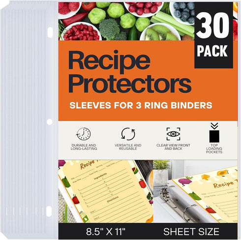Recipe Protectors, Holds Standard 8.5" x 11" Paper, 30 Pack, Reinforced Holes, Refill Sheets For 3 Ring Binders...