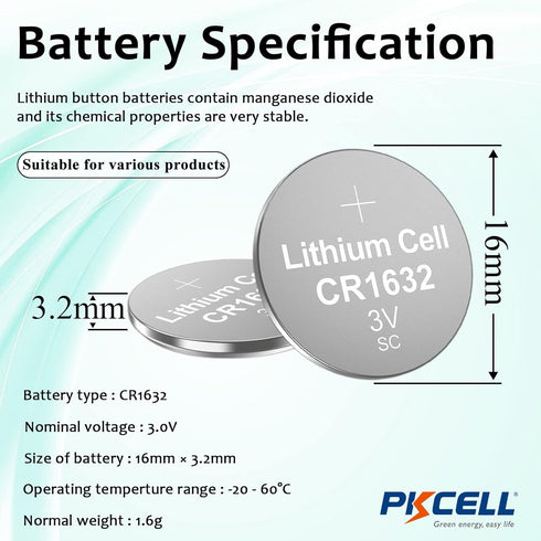 PKCELL CR1632 Battery 3V Lithium Button Coin Cell for Key Fob(30 Counts)...