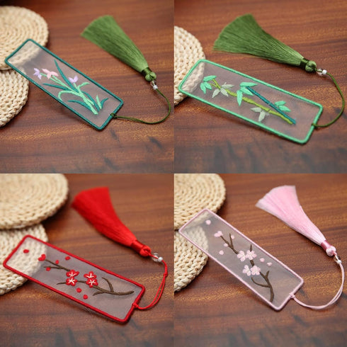 XINSHUN Embroidery Bookmark with Cute Patterns,Transparent Organza Bookmark,Embroidery Kit Christmas Gift for Adults Kids(mix1#,4 pack)...