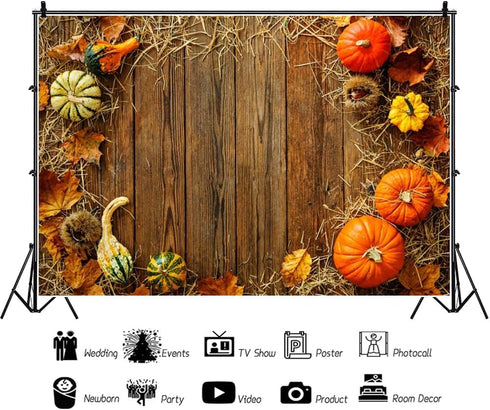 5x3ft Fall Thanksgiving Backdrops for Photography Pumpkins Dry Hay Leaves Rustic Brown Wood Board Festival Decoration Thanksgiving Photography Bac...