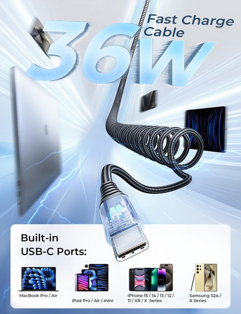 LISEN USB C 96W Super Fast Car Charger PD& QC3.0 with 5.3ft 36W Type C Coiled Cable,Car Phone Charger Adapter for iPhone 15 Pro Max Plus, Samsung ...
