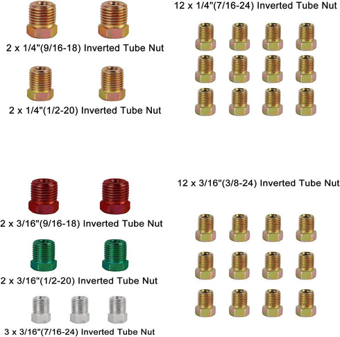 MuHize Upgraded Brake Line Fittings - Inverted Flares on 3/16 and 1/4 Tube SAE Brake Line Fitting Kit on 3/16" (19 Fittings) and 1/4" (16 Fittings...