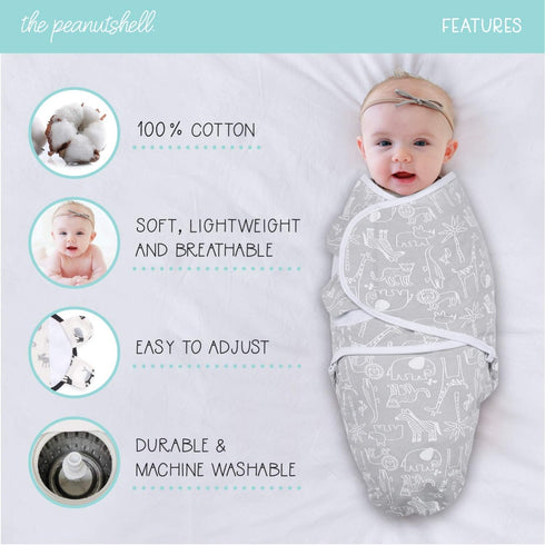 The Peanutshell Baby Swaddle Blankets for Boys or Girls, Grey Safari Animals & Stars, 3 Pack Wrap Set (Medium/Large)...