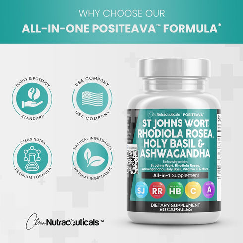 Clean Nutraceuticals St Johns Wort 10000mg Rhodiola Rosea 20000mg Holy Basil 3000mg Ashwagandha 6000mg - Mood Support for Women and Men with Vitam...