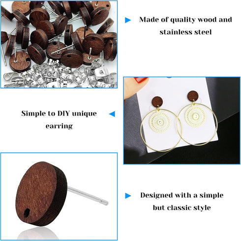 160Pcs Wood Stud Earring Posts with Loop Wooden Earrings Studs for Jewelry Making Earring Findings Earring Pin Studs Wooden Earring Posts with Ear...