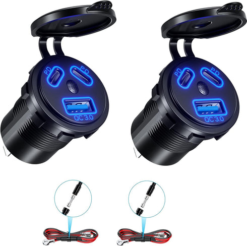 KEWIG 2Pcs 12V USB Outlet Quick Charge 3.0 USB Charger Sockets & Dual PD Type - C Ports, USB Cigartte Lighter Socket with ON/Off Switch DIY Kit, W...
